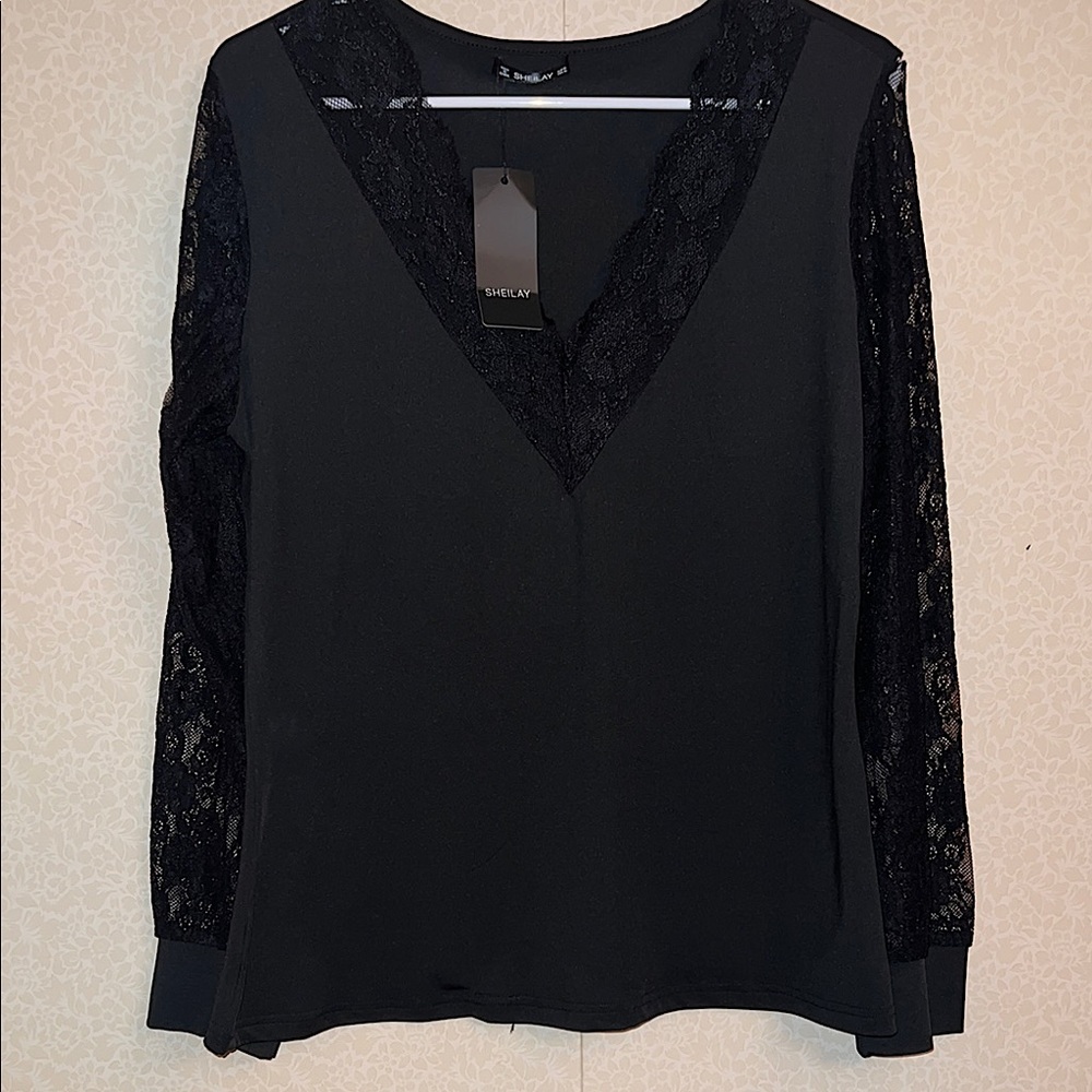 SHEILAY Black Lace Sleeve Women's Top